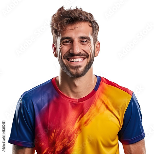 Front view of a half body shot of a handsome man with his jersey painted in the colors of the Armenia flag only, smiling with excitement isolated on transparent background. photo