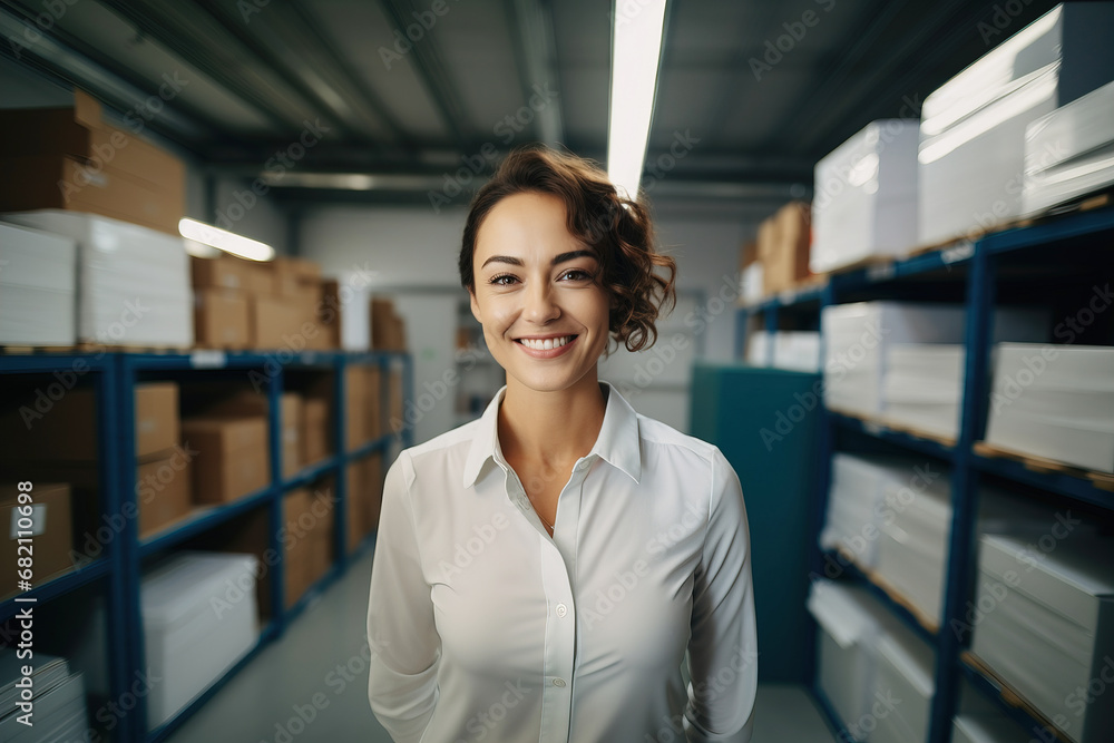 Fototapeta premium A portrait of a woman in a white shirt, an employee of a printing house, stands in a warehouse of goods.