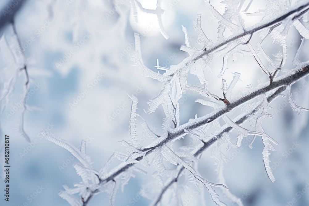 Icy Branches: Close-up of tree branches covered in ice crystals.