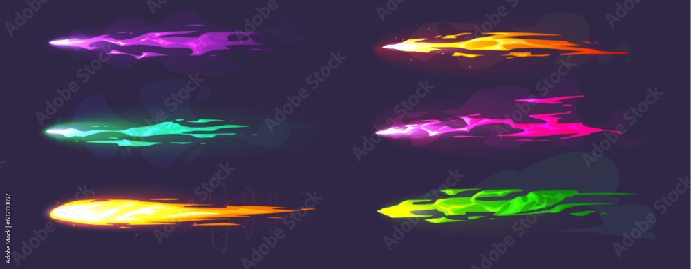 Game gun or blaster shoot vfx effect. Cartoon vector illustration set of various laser light and energy trail for fantastic weapon explosion. Handgun shot flash animation trace with spark and steam.