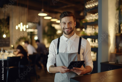 A waiter in an apron and shirt uses a laptop to take an order. A male employee works in a restaurant.