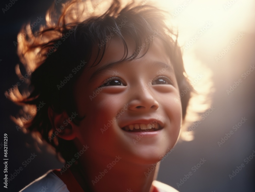 A joyful young boy basks in the golden sunlight, radiating happiness and innocence. Generative AI.