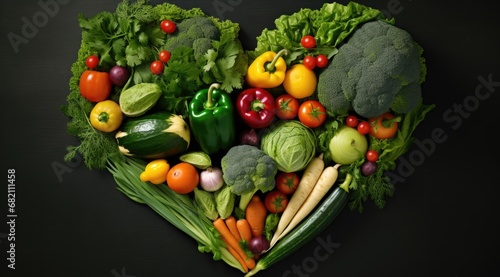 Heart shaped vegetables on black background. Generative AI.