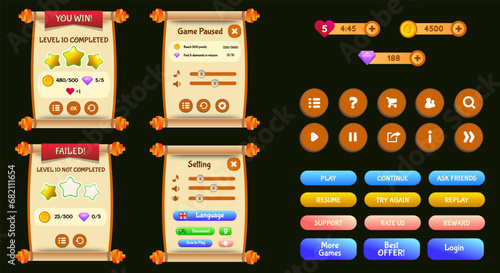 game ui kit, cartoon gaming interface buttons, icons, menu. set of circle buttons for game. vector