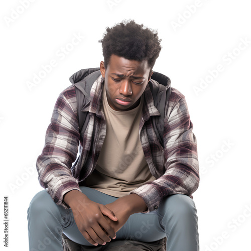 Black American male student sitting sad because he failed an exam on PNG transparent background. Disappointment concept.