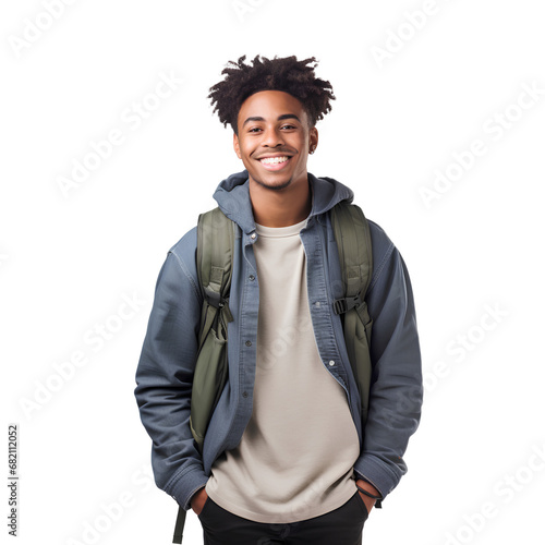 Happy black American male student going to school on PNG transparent background