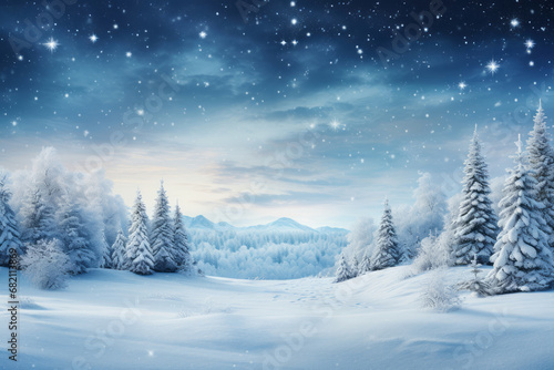 Digital Illustration of a snowy winter landscape . The focus is on the beauty and tranquility of a winter scene. © bluebeat76