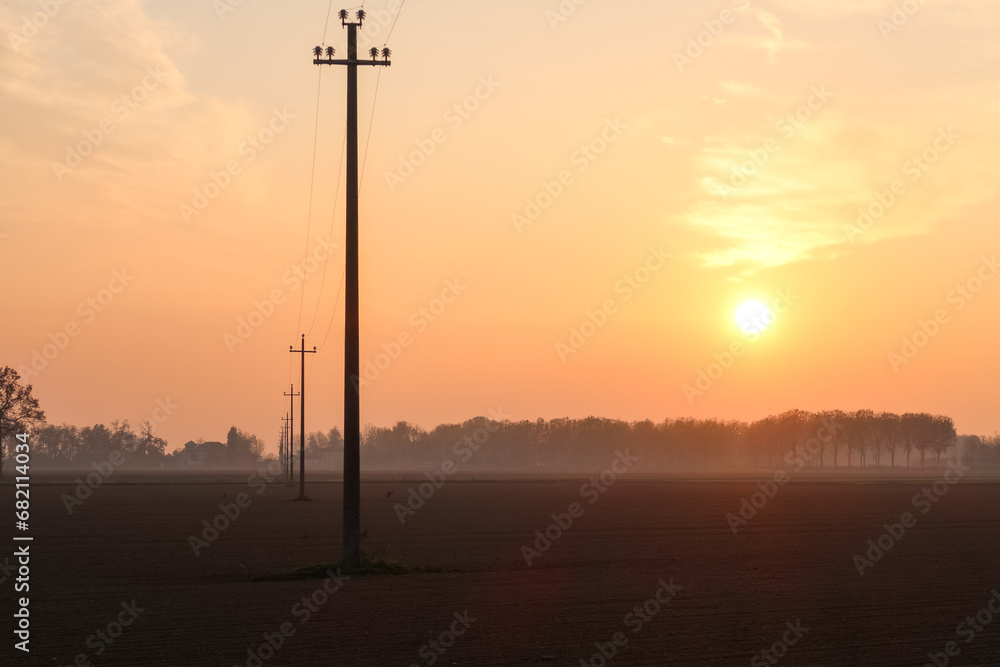 Sunset Po Valley landscape panorama fields crops