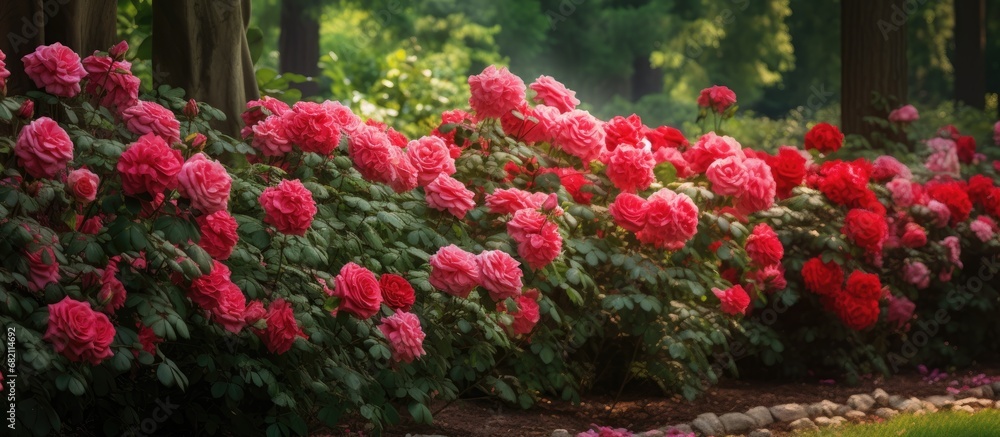 In the lush green garden, against the serene nature background, the floral beauty of the rose garden unfolds, with blooming roses and their mesmerizing red petals, making it a truly beautiful scene.