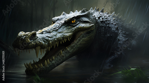 Close-up view of a large crocodile in a river in the deep forest., created with AI, PNG, 300 DPI
