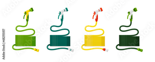 Garden hose, watering rubber hosepipe with spray nozzle for drip irrigation system, side view. Agricultural equipment. Vector flat cartoon colorful illustrations isolated on white background photo