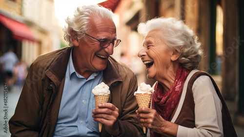 cheerful senior couple enjoying time together at night in city