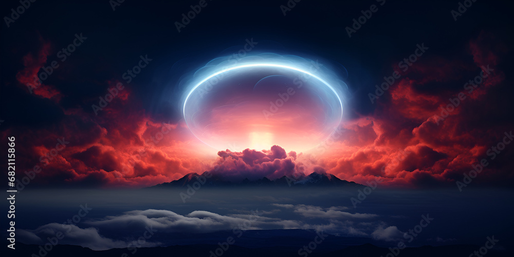 Magical sky space with bright neon circle, abstract background	