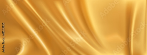Gold silk texture, shiny yellow liquid satin cloth background. Abstract fabric wave material with drapery fold. Golden silky textile curtain pattern design. 3d beautiful elegance award wallpaper