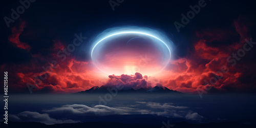 Magical sky space with bright neon circle, abstract background 