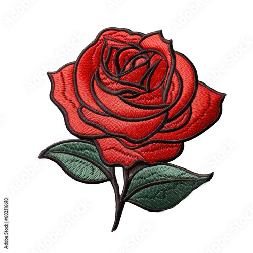 Embroidered patch badge of a red rose on white or transparent background