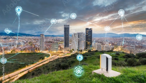 a cityscape where interconnected devices and sensors contribute to efficient and sus photo