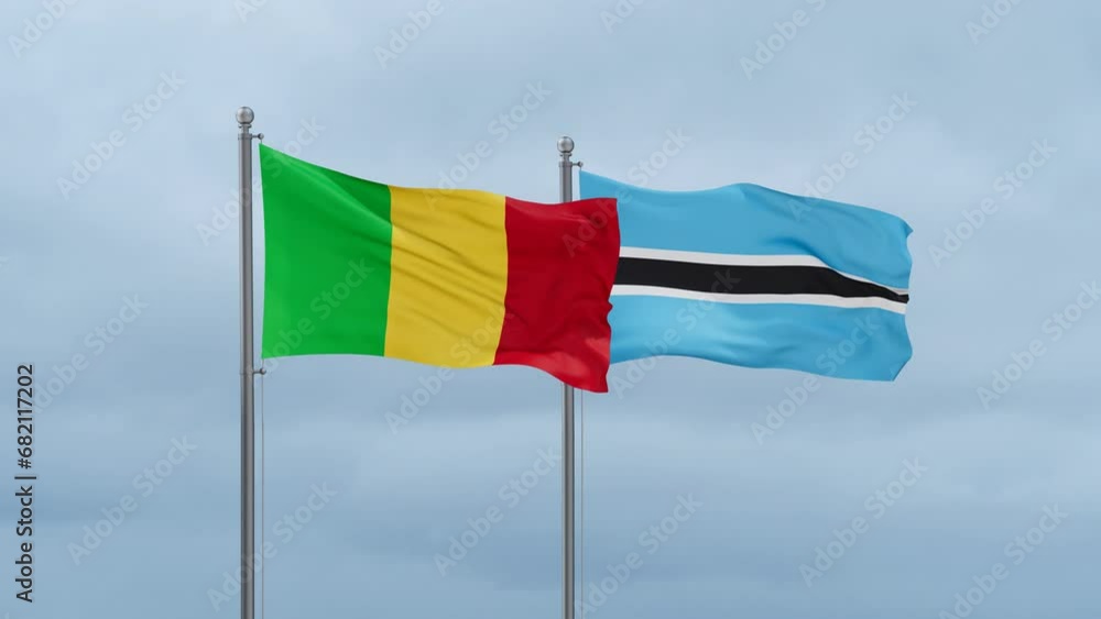 Botswana flag and Mali flag waving together on cloudy sky, endless seamless loop, two country relations concept Botswana flag and Mali flag waving together on cloudy sky, endless seamless loop, two country relations concept
