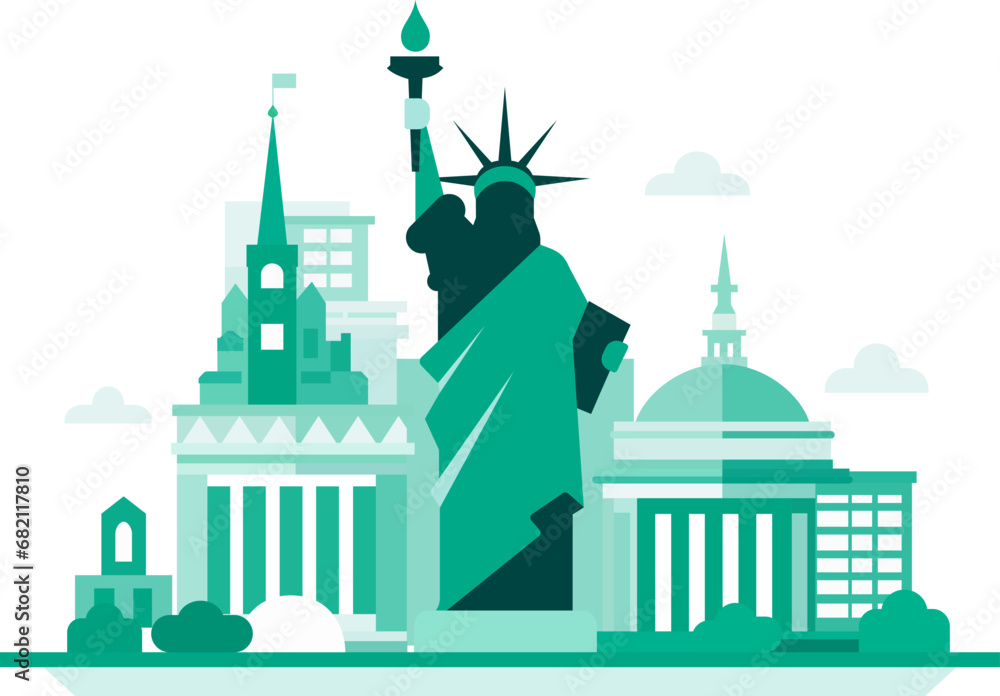 American city landscape Statue of Liberty government building minimal silhouette icon vector flat