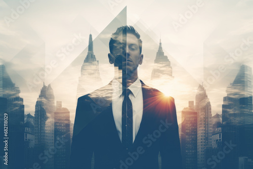 Double exposure photography of business man in the city