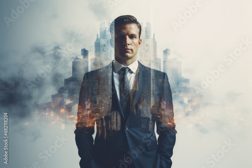 Double exposure photography of business man in the city photo