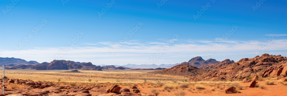 Vast desert landscape with rocky formations under a blue sky