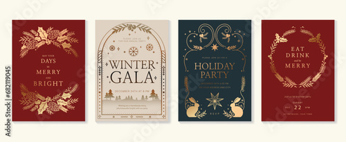 Luxury christmas invitation card art deco design vector. Christmas tree, foliage, rabbit, pine cone line art on red, white and dark blue background. Design illustration for cover, poster, wallpaper.