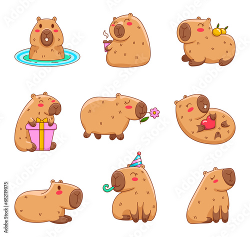 Funny cartoon capybara. Cute amusing characters swimming in water, bathing, walking, relaxing. Adorable nice animal. Hand drawn style. Vector drawing. Collection of design elements.