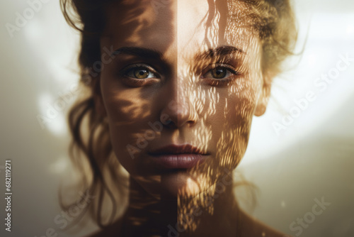 Double exposure portrait of young beautiful woman blended with nature photo