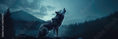 Majestic wolf howling under moonlight amidst rain in a tranquil forest landscape