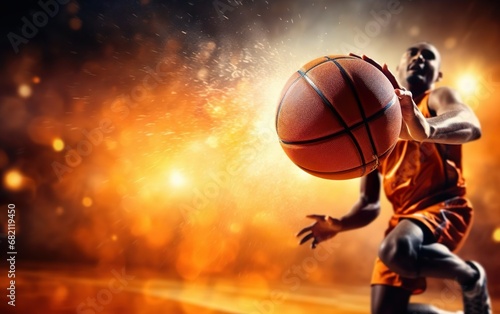 Photorealistic person dribbling basketball ball during match on blurred orange background. Low angle shot, fish eye, copy space, fast motion, de focus. March madness game poster design. AI Generative.