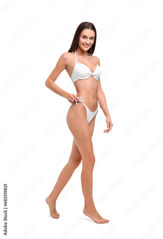 Young woman in stylish bikini isolated on white Young woman in stylish bikini isolated on white