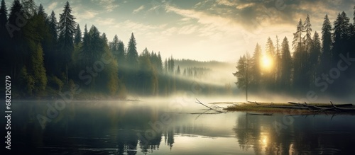 In the early morning, a thick mist enveloped the serene lake, creating a mystical ambiance as the sun peeked through the clouds above the sky, casting a warm glow upon the magnificent forest and the