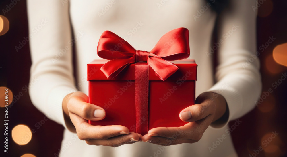 Woman in white dress holding red gift box with red ribbon, Closeup