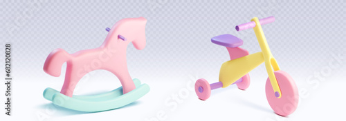 3d render rocking horse toy icon with tricycle. Kid wheel bike and animal swing game isolated plastic png set. Child toddler bicycle transport for playground and recreation. Childhood activity clipart