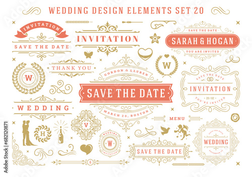 Vintage wedding and valentines day decorative ornament design elements set vector illustration