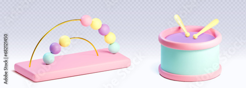 3d baby toy cute object set with drum vector icon illustration. isolated child game with small balls for playground element. Realistic game graphic for preschool entertainment. Pink clipart pack