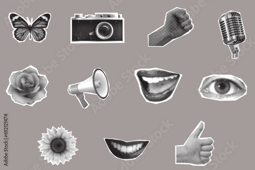 Set of retro halftone collage elements, halftone effect designs