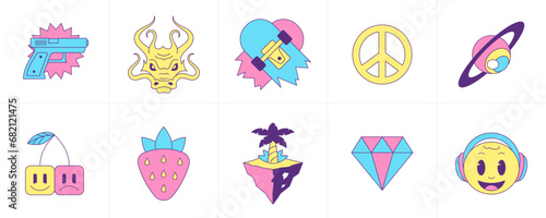 Surreal trendy cartoon characters psychedelic elements groovy icon set vector flat illustration