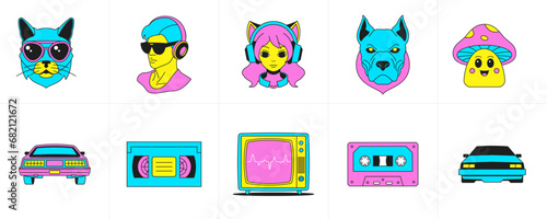 Trendy surreal cartoon characters psychedelic elements funky groovy icon set vector flat photo