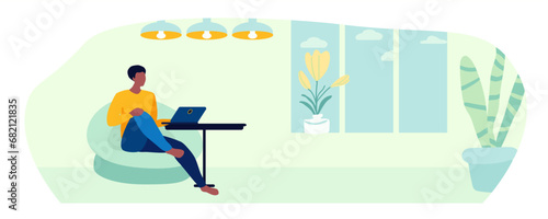 A man with a laptop in a chair. Distant work. Interior. Vector illustration, Not AI, hand drawn