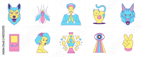 Surreal emoji funny cartoon character technology elements symbol trendy groovy icon set vector flat