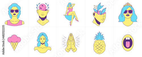Psychedelic trendy comic sticker funny cartoon characters food elements groovy icon set vector flat