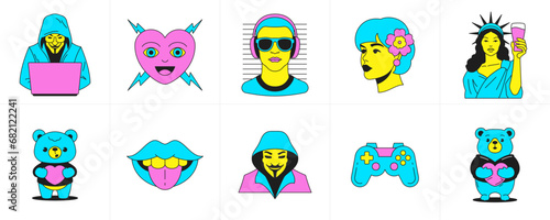 Psychedelic surreal trendy cartoon characters funny comic elements groovy icon set vector flat