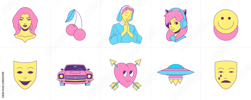 Surreal comic emoji psychedelic funky cartoon characters and elements groovy icon set vector flat