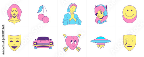 Surreal comic emoji psychedelic funky cartoon characters and elements groovy icon set vector flat
