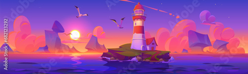 Lighthouse on rocky cliff of island in ocean or sea on background of pink and purple gradient sky during sunset with clouds. Cartoon vector landscape with retro light beacon tower with seagulls.
