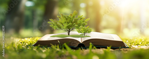 Green Book Tree in Nature: Environmental Education Concept, 
Eco-Friendly Learning: Sustainable Book Tree in a Beautiful Landscape, symbolizing the marriage of literature and nature , 
sparks creativi