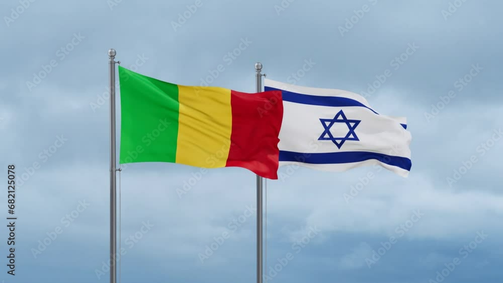 Israel flag and Mali flag waving together on cloudy sky, endless seamless loop, two country relations concept Israel flag and Mali flag waving together on cloudy sky, endless seamless loop, two country relations concept