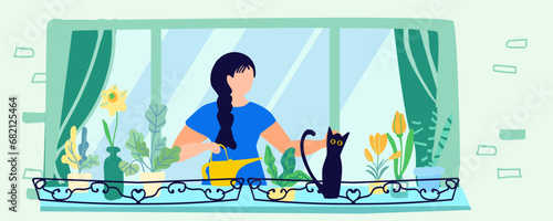 Girl on the balcony with a cat and houseplants. Self-care. Home flowers on the balcony. Hobby. The concept of harmony and self-care, building a happy inner world and a prosperous lifestyle. Vector